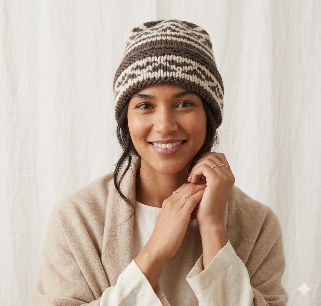 Olive-Beige Angora Fold Cap