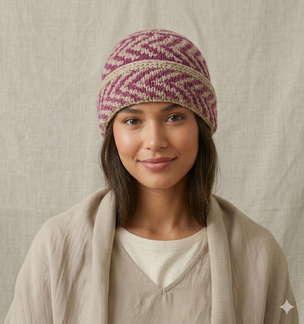 Pink-Beige Angora Fold Cap