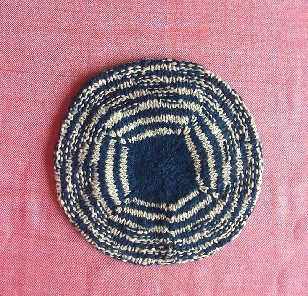 Navy Blue & Beige Angora Merino Beret Cap